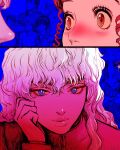  2girls 6+boys alternate_universe beard berserk black_hair blue_background blue_eyes blush brown_eyes brown_hair casca_(berserk) charlotte_(berserk) closed_mouth collarbone corkus_(berserk) crossed_arms curly_hair facial_hair griffith_(berserk) guts_(berserk) hair_between_eyes hand_on_own_cheek hand_on_own_face highres judeau_(berserk) long_hair multiple_boys multiple_girls mustache nisino2222 nose_blush pippin_(berserk) sailor_collar short_hair sleeveless spiked_jacket spikes spiky_hair teeth wavy_hair white_hair 