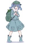  1girl absurdres aqua_footwear aqua_shirt aqua_skirt backpack bag blue_eyes blue_hair blush_stickers boots collared_shirt cucumber flat_cap food full_body green_headwear hair_bobbles hair_ornament hat highres kame_(kamepan44231) kawashiro_nitori key long_sleeves medium_hair open_mouth shirt simple_background skirt solo standing teeth touhou two_side_up upper_teeth_only vegetable white_background 