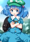  1girl backpack bag blue_eyes blue_hair blue_skirt blurry blurry_background blush cowboy_shot crossed_arms green_headwear hair_bobbles hair_ornament hat highres kawashiro_nitori key looking_at_viewer open_mouth pocket ruu_(tksymkw) shirt skirt skirt_set sky solo touhou two_side_up wavy_mouth 