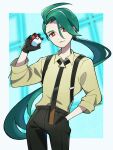  1girl absurdres ahoge black_necktie black_pants bright_pupils closed_mouth collared_shirt commentary_request cowboy_shot green_hair hand_in_pocket hand_up head_tilt highres holding holding_poke_ball long_hair necktie nori_(hgdm2784) pants poke_ball poke_ball_(basic) pokemon pokemon_(game) pokemon_sv ponytail red_eyes rika_(pokemon) shirt sleeves_rolled_up smile solo suspenders white_pupils 