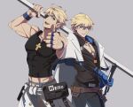  2boys ark1478 bishounen blonde_hair blue_gloves eyepatch family father_and_son fingerless_gloves gloves grey_background guilty_gear guilty_gear_strive highres holding holding_sword holding_weapon ky_kiske looking_at_viewer male_focus multiple_boys muscular muscular_male pectorals short_hair simple_background sin_kiske sword weapon 