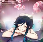  1boy absurdres afloat black_hair blue_hair braid cherry_blossoms closed_eyes closed_mouth genshin_impact gradient_hair highres lkari_shi male_focus multicolored_hair onsen smile solo towel towel_on_head twin_braids venti_(genshin_impact) 