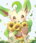  absurdres blush bouquet brown_eyes chiko_(chi_p_71) falling_leaves falling_petals flower green_ribbon highres holding holding_bouquet leaf leafeon looking_at_viewer open_mouth petals pokemon pokemon_(creature) ribbon solo sparkle sunflower 