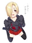  1girl black_hoodie black_thighhighs blonde_hair blood blood_stain blush brown_eyes ear_piercing full_body gengorou hair_over_one_eye hood hoodie idolmaster idolmaster_cinderella_girls looking_at_viewer no_shoes open_mouth piercing pleated_skirt red_skirt shirasaka_koume short_hair simple_background skirt sleeves_past_fingers sleeves_past_wrists smile solo thigh-highs white_background zettai_ryouiki 