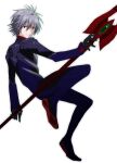  1boy black_gloves bodysuit closed_mouth gloves grey_hair lance_of_longinus_(evangelion) looking_at_viewer male_focus nagisa_kaworu neon_genesis_evangelion official_style parody red_eyes short_hair smile solo spiky_hair style_parody tousok 