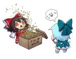  2girls artist_name ascot blue_bow blue_dress blue_hair bow box brown_hair cardboard_box character_doll cirno dress fumo_(doll) hair_bow hair_ornament hair_tubes hakurei_reimu ice ice_wings laughing long_sleeves multiple_girls pinafore_dress puffy_short_sleeves puffy_sleeves red_bow red_dress red_eyes short_hair short_sleeves simple_background skullchimes sleeveless sleeveless_dress touhou wasp white_background white_sleeves wings yellow_ascot 