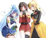  3girls :3 ahoge aqua_(konosuba) arm_between_breasts asymmetrical_legwear bandaged_leg bandages bare_shoulders belt between_breasts black_belt black_hair black_shirt black_thighhighs blonde_hair blue_eyes blue_hair blue_shirt blue_skirt blunt_bangs blush bow box breasts chocolate chocolate_on_face closed_mouth commentary cowboy_shot darkness_(konosuba) detached_sleeves double-parted_bangs dress embarrassed english_commentary eyes_visible_through_hair folded_ponytail food food_on_face frown gift gift_box green_bow hair_between_eyes hair_bobbles hair_ornament hands_up heart-shaped_box highres holding holding_gift kono_subarashii_sekai_ni_shukufuku_wo! large_breasts long_hair long_sleeves looking_at_viewer lying medium_hair megumin miniskirt mismatched_legwear multiple_girls no_headwear on_back on_side one_eye_closed pleated_skirt ponytail red_bow red_dress red_eyes red_ribbon ribbon sarasara_shoyu shirt short_dress sidelocks simple_background skirt sleeveless sleeveless_shirt small_breasts smile thigh-highs thigh_gap thighs valentine very_long_hair wavy_mouth white_background white_sleeves wide_sleeves x_hair_ornament yellow_skirt zettai_ryouiki 