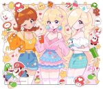  1-up_mushroom 3girls artist_name blonde_hair blopper blue_eyes boo_(mario) bowser_jr. character_sticker cheep_cheep coin crop_top crown double_cherry earrings fire_flower flower flower_earrings gold_coin goomba hair_ornament hair_over_one_eye highres jacket jewelry long_hair looking_at_viewer luigi mario mcdonald&#039;s medium_hair meowwniz multiple_girls one_eye_closed open_clothes open_jacket open_mouth piranha_plant princess_daisy princess_peach red_shell_(mario) rosalina shorts shy_guy sleeveless star_(sky) star_(symbol) star_earrings sticker super_bell super_leaf super_mario_bros. super_mario_galaxy super_mushroom the_legend_of_zelda toad_(mario) toadette triforce upper_body warp_pipe yoshi 