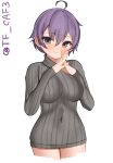  1girl absurdres ahoge alternate_costume breasts covered_navel cowboy_shot dress grey_sweater highres kantai_collection medium_breasts one-hour_drawing_challenge own_hands_clasped own_hands_together purple_hair ribbed_sweater sakawa_(kancolle) short_hair simple_background solo sweater sweater_dress tf_cafe twitter_username violet_eyes white_background 
