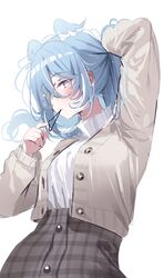  1girl adjusting_hair blue_eyes blue_hair blue_wings blush breasts brown_sweater deyui elira_pendora glasses grey_skirt hair_tie_in_mouth head_wings heterochromia highres large_breasts long_hair long_sleeves looking_at_viewer mouth_hold multicolored_hair nijisanji nijisanji_en official_alternate_costume plaid plaid_skirt round_eyewear shirt sketch skirt solo sweater violet_eyes virtual_youtuber white_background white_hair white_shirt wings 