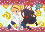  1boy 1girl black_dress blonde_hair blue_eyes braid brown_eyes commentary_request dress headband holding holding_staff holding_sword holding_weapon hooded_dress kukuri_(mahoujin_guruguru) leizero long_hair mahoujin_guruguru nike_(mahoujin_guruguru) open_mouth red_headband redhead sandals smile staff sword twin_braids very_long_hair weapon 