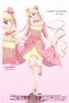  1girl bishoujo_senshi_sailor_moon blonde_hair blue_eyes cherry_blossoms double_bun dress english_text gradient_background hair_bun highres koya long_hair looking_at_viewer multiple_views parted_bangs petals pink_sleeves short_dress simple_background smile solo standing tsukino_usagi twintails very_long_hair white_background yellow_dress yellow_footwear 