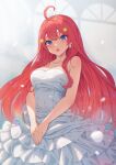  absurdres ahoge alternate_costume bare_arms blue_eyes blurry blurry_background breasts collarbone dress drop_earrings earrings go-toubun_no_hanayome hair_ornament highres jewelry looking_at_viewer medium_breasts nakano_itsuki open_mouth redhead star_(symbol) star_hair_ornament sunlight wedding_dress white_dress xiayou_sieg 