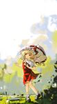  1girl :d absurdres ascot blonde_hair clynxen day flandre_scarlet full_body grin hat hat_ribbon highres holding holding_umbrella knees_together_feet_apart looking_at_viewer mob_cap outdoors overexposure pigeon-toed red_eyes ribbon short_sleeves skirt smile solo touhou umbrella vest wings 
