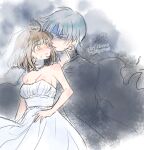  1girl 1other arle_nadja blue_eyes blush breasts bridal_veil brown_hair crying crying_with_eyes_open dress looking_at_another madou_monogatari medium_breasts puyopuyo ri25to schezo_wegey short_hair tears veil wedding_dress white_dress white_hair yellow_eyes 