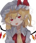 1girl ascot blonde_hair blood blood_on_clothes crystal eyelashes flandre_scarlet half-closed_eyes hat head_tilt highres medium_hair mob_cap one_side_up pointy_ears ramochi red_eyes red_vest short_sleeves simple_background solo tongue tongue_out touhou upper_body vest white_background white_headwear wings 