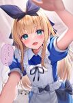  1girl :d akabane_(zebrasmise) apron black_bow black_ribbon blonde_hair blue_dress blush bow cat collared_dress dress frilled_apron frilled_dress frills green_eyes hair_ribbon headpat highres long_hair looking_at_viewer mononobe_alice nijisanji open_mouth puffy_short_sleeves puffy_sleeves reaching_towards_viewer ribbon short_sleeves smile solo speech_bubble upper_body virtual_youtuber white_apron 