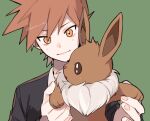  1boy black_jacket blue_oak blush brown_hair closed_mouth commentary_request eevee green_background holding holding_pokemon jacket looking_down male_focus momotose_(hzuu_xh4) orange_eyes pokemon pokemon_(creature) pokemon_(game) pokemon_hgss shirt short_hair simple_background smile spiky_hair twitter_username upper_body watermark 