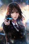  1girl blood blood_on_clothes blue_eyes blurry brown_hair collared_shirt cover cover_page crying crying_with_eyes_open depth_of_field elpenlit embers english_commentary expressionless gun handgun highres holding holding_gun holding_weapon long_hair looking_at_viewer mixed-language_commentary necktie novel_cover pointing_gun science_fiction shirt tears theory_of_paradise weapon 