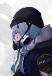  1girl agent_416_(girls&#039;_frontline) blue_hair blue_jacket blunt_bangs commentary_request flugel_(kaleido_scope-710) from_side girls_frontline green_eyes highres hk416_(girls&#039;_frontline) jacket light_blue_hair long_hair long_sleeves mask police respirator solo tom_clancy&#039;s_the_division upper_body 