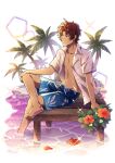  1boy ahoge bad_source blue_eyes bungou_stray_dogs facial_hair fingernails flower hand_on_own_knee male_focus male_swimwear navel oda_sakunosuke_(bungou_stray_dogs) official_art open_clothes open_shirt palm_tree redhead short_sleeves sitting soaking_feet soles swim_trunks toes topless_male transparent_background tree water 