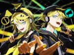 1boy 1girl aqua_eyes backwards_hat blonde_hair blurry blurry_background caution_tape chain-link_fence choker depth_of_field fence hair_ornament hairpin hat headphones highres holding holding_microphone hood hoodie kagamine_len kagamine_rin low_ponytail medium_hair microphone nail_polish open_mouth ratte_(cf) rettou_joutou_(vocaloid) road_sign sailor_collar sign stop_sign vocaloid yellow_nails