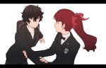  1boy 1girl amamiya_ren bag black_bag black_bow black_bowtie black_eyes black_hair black_jacket blush bow bowtie buttons closed_mouth commentary_request eye_contact hair_bow highres jacket letterboxed long_hair long_sleeves looking_at_another persona persona_5 persona_5_the_royal ponytail red_eyes redhead school_bag school_uniform shirt short_hair shuujin_academy_school_uniform simple_background smile tsubsa_syaoin uniform white_background white_shirt yoshizawa_kasumi 
