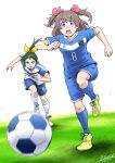  2girls absurdres artist_name ball blue_shirt blue_shorts blue_socks blurry blurry_foreground brown_hair cleats commentary dated day delicious_party_precure depth_of_field frown grass green_eyes green_hair hair_ribbon highres long_hair looking_at_another looking_at_viewer medium_hair midorikawa_nao multiple_girls nagomi_yui open_mouth outdoors parted_lips pink_ribbon ponytail precure ribbon running satou_yasu series_connection shin_guards shirt short_sleeves shorts signature smile_precure! soccer soccer_ball soccer_uniform socks sportswear standing two_side_up v-shaped_eyebrows violet_eyes white_footwear white_shirt yellow_footwear yellow_ribbon 