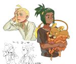  2boys alolan_raichu backpack backpack_removed bag blonde_hair brown_eyes closed_mouth collared_shirt commentary_request dark-skinned_male dark_skin ear_piercing gladion_(pokemon) green_eyes green_hair hand_up hau_(pokemon) highres holding holding_bag male_focus multiple_boys multiple_views open_mouth orange_bag partially_colored piercing pokemon pokemon_(creature) pokemon_(game) pokemon_sm s67569077 shirt short_hair short_ponytail teeth tongue white_background 