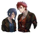  2boys alcryst_(fire_emblem) blue_hair brothers buckle buttons closed_mouth collared_shirt diamant_(fire_emblem) fire_emblem fire_emblem_engage hair_between_eyes hair_ornament hairclip highres looking_at_viewer male_focus multiple_boys red_eyes redhead shirt short_hair siblings umi_(_oneinchswing) white_background 