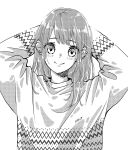  1girl absurdres arms_behind_head baggy_clothes blush casual closed_mouth commentary dot_nose ear_piercing greyscale hair_over_shoulder highres long_hair long_sleeves looking_at_viewer monochrome oouta_rie original patterned_clothing piercing signature smile solo sweater upper_body 