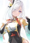  1girl blue_eyes bodysuit breasts chinese_clothes fujito_(call_f_) genshin_impact gold_trim hair_over_one_eye highres hip_vent looking_at_viewer shenhe_(genshin_impact) simple_background solo white_background white_hair 