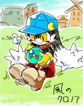  2boys animal_collar ayuayu226 blue_headwear blue_sky blush collar furry furry_male gloves huepow kaze_no_klonoa klonoa looking_at_another multiple_boys one_eye_closed pac-man sitting sky white_gloves yellow_eyes yellow_gloves 