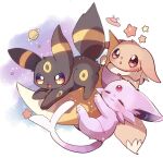  :3 :o =_= blush brown_eyes chestnut_mouth closed_eyes closed_mouth crescent eevee espeon fang full_body highres holding pokemon pokemon_(creature) saturn_(planet) skin_fang star_(symbol) ufo umbreon yupo_0322 