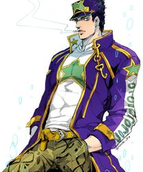  1boy black_hair blue_eyes cigarette earrings gakuran hands_in_pockets hat hatoyama_itsuru jewelry jojo_no_kimyou_na_bouken kujo_jotaro long_coat male_focus school_uniform smoking snake_print solo stone_ocean 