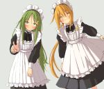  2girls alternate_costume apron black_dress blonde_hair blush closed_mouth crescent crescent_hair_ornament crescent_pin dress enmaided frilled_apron frills green_eyes green_hair grey_background hair_between_eyes hair_ornament highres jewelry kantai_collection leaning_forward long_hair long_sleeves looking_at_viewer low_twintails lternate_costume maid maid_apron maid_headdress multiple_girls nagatsuki_(kancolle) po0000000000 ring satsuki_(kancolle) simple_background smile solo twintails v wedding_ring white_apron yellow_eyes 