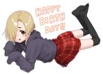  1girl black_hoodie black_thighhighs blonde_hair blush ear_piercing full_body gengorou hair_over_one_eye happy_birthday hood hood_down hoodie idolmaster idolmaster_cinderella_girls looking_at_viewer lying no_shoes on_stomach open_mouth piercing pink_eyes pleated_skirt red_skirt shirasaka_koume short_hair simple_background skirt sleeves_past_fingers sleeves_past_wrists solo the_pose thigh-highs white_background 