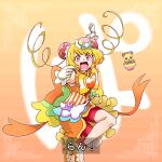 :d back_bow bike_shorts blonde_hair bob_cut bow brooch bun_cover commentary cure_yum-yum delicious_party_precure dragon dress fighting_stance gloves gosei_sentai_dairanger hair_bun hanamichi_ran heart_brooch highres huge_bow jewelry leg_up mem-mem_(precure) open_mouth orange_background orange_bow orange_dress precure red_shorts satou_yasu short_hair shorts shorts_under_dress sleeveless sleeveless_dress smile standing standing_on_one_leg super_sentai text_background translated triple_bun v-shaped_eyes white_gloves yellow_bow