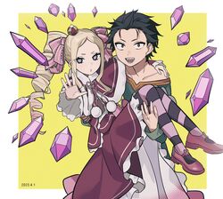  1boy 1girl absurdres aged_down beatrice_(re:zero) birthday black_hair blonde_hair blue_eyes brown_eyes capelet carrying crystal dress drill_hair hair_ribbon highres kiliko-san long_hair looking_at_viewer natsuki_subaru princess_carry re:zero_kara_hajimeru_isekai_seikatsu red_dress ribbon short_hair sidelocks simple_background striped striped_thighhighs symbol-shaped_pupils thigh-highs twin_drills 