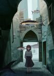  1girl abandoned absurdres alley arms_behind_back blue_skirt bow brown_hair building city closed_mouth day fish full_body highres ikanoshiokara original outdoors road shirt short_hair skirt solo standing street violet_eyes white_shirt 
