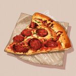  english_text food food_focus monchi_(dldrmfi) no_humans original paper pepperoni pizza pizza_slice shadow signature simple_background 