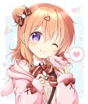  1girl ;t animal_ears animal_hood blush bow bowtie brown_bow brown_bowtie brown_hair closed_mouth collared_shirt commentary_request diagonal-striped_bow doughnut eating fake_animal_ears food gochuumon_wa_usagi_desu_ka? hair_between_eyes hair_bow hair_bun hair_ornament hairclip hands_up head_tilt heart heart_hair_ornament highres holding holding_food hood hood_down hooded_jacket hoto_cocoa jacket long_sleeves looking_at_viewer nanase_miori off_shoulder one_eye_closed open_clothes open_jacket orange_hair pink_jacket puffy_long_sleeves puffy_sleeves rabbit_ears rabbit_hair_ornament rabbit_hood red_bow shirt short_hair single_side_bun sleeves_past_wrists smile solo spoken_heart sweater upper_body violet_eyes white_shirt white_sweater 