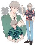  1boy :d belt black_necktie blue_pants brown_eyes ear_piercing floral_print green_shirt grey_hair hand_in_pocket highres kanechika_harumi multiple_views necktie pants pechevail piercing shirt skip_to_loafer smile sparkle upper_body white_background 