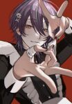  1boy bandaged_fingers bandages black_nails blurry depth_of_field double_v goi_x01 jewelry kamishiro_rui light_smile looking_at_viewer maid male_focus multicolored_hair nail_polish project_sekai purple_hair red_background ring solo streaked_hair v yellow_eyes 