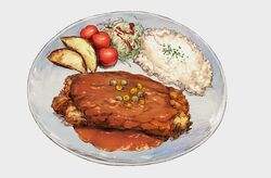  food food_focus food_request grey_background katsu_(food) meat no_humans original pepperblanket25 plate rice simple_background 