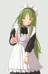  1girl alternate_costume apron black_dress crescent crescent_hair_ornament dress enmaided frilled_apron frills green_eyes green_hair hair_ornament highres kantai_collection leaning_forward looking_at_viewer maid maid_headdress nagatsuki_(kancolle) po0000000000 simple_background smile solo v white_apron white_background 