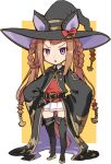 1girl :&lt; angry animal_ears belt black_belt black_cape black_footwear boots border brown_hair buckle cape ear_covers full_body hair_rings hat horse_ears katahira_masashi long_hair long_sleeves looking_at_viewer pleated_skirt red_shirt shirt skirt sleeves_past_wrists solo standing sweep_tosho_(umamusume) thigh_boots triangle_mouth umamusume violet_eyes white_border white_skirt witch_hat yellow_background 