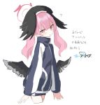  1girl ? alternate_costume angel_wings beret black_headwear black_wings blue_archive blush cropped_legs feathered_wings grey_wings gym_shirt gym_shorts gym_uniform halo hat head_wings highres koharu_(blue_archive) long_hair long_sleeves looking_at_viewer low_wings parted_lips pink_eyes pink_hair sanma_(tabet_) shirt shorts simple_background solo thighs twintails white_background wings 