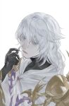  1boy absurdres ayaa_dj bishounen black_gloves blue_eyes claws commentary expressionless final_fantasy final_fantasy_xiv gloves highres long_hair looking_at_viewer male_focus robe simple_background solo themis_(ff14) white_background white_hair white_robe 