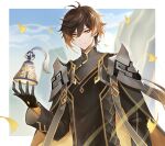  1boy absurdres armor bell black_gloves brown_coat brown_eyes brown_hair closed_mouth coat genshin_impact gloves gradient_hair hair_between_eyes highres long_hair male_focus multicolored_hair nasaniliu shoulder_armor smile solo zhongli_(genshin_impact) 